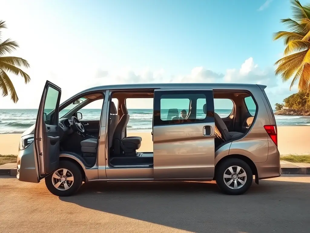 A Hyundai Starex parked near a beach in Sabah, showcasing its spaciousness and suitability for family or group travel.