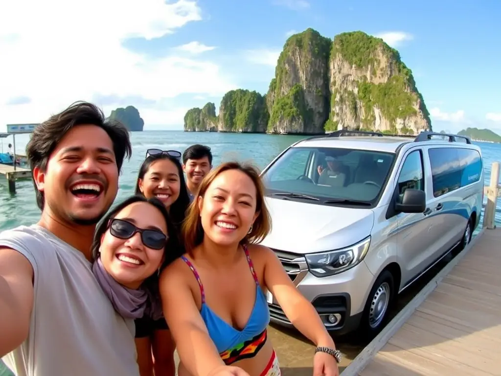 A picturesque image of a group of friends enjoying a boat trip to one of Sabah's beautiful islands, with a Hyundai Starex van waiting to pick them up at the jetty.
