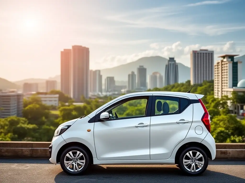 A Perodua Myvi parked in front of a scenic view of Kota Kinabalu city, showcasing its compact size and suitability for urban exploration.