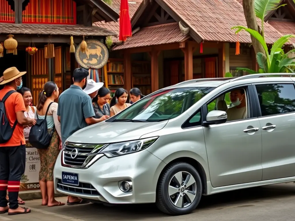 A captivating image of a group of tourists visiting a cultural village in Sabah, with a Nissan Serena parked nearby, representing cultural immersion and comfortable travel.