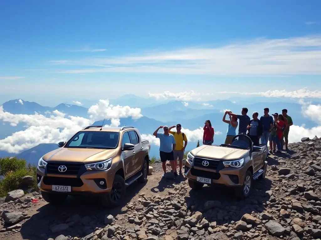 A vibrant image of a group of tourists enjoying the scenic view from the top of Mount Kinabalu, with a Toyota Hilux parked nearby, symbolizing adventure and exploration.