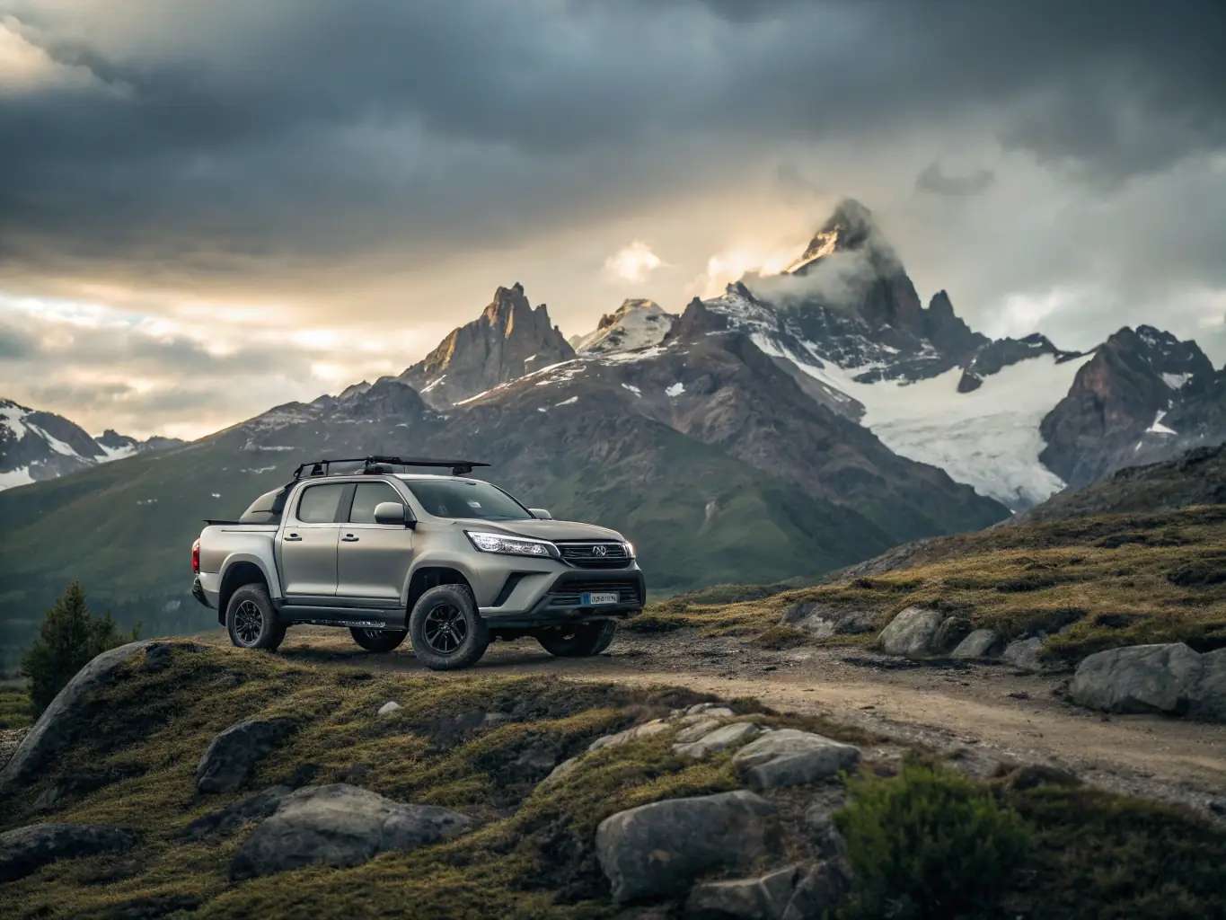 A Toyota Hilux driving on a rugged off-road trail in Sabah, highlighting its durability and suitability for adventurous explorations.
